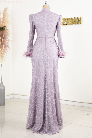 Robe de soirée Rachelle avec drapé à l'avant, manches plumeuses et ornée de pierres - Lilas - 2