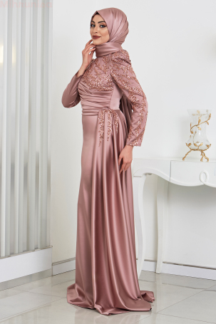 Robe de soirée rose en satin avec broderie à paillettes et strass avec traîne - Bronze - 2