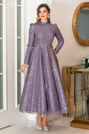 Robe de soirée taille plus en tissu pailleté mi-long - Lilas - 1