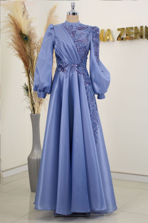 Robe de soirée Valeria en organza avec manches ballon brodées - Indigo 