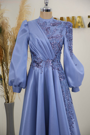 Robe de soirée Valeria en organza avec manches ballon brodées - Indigo - 3