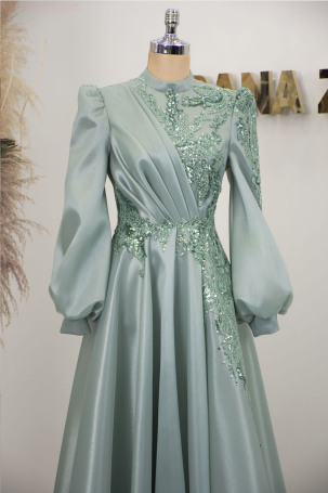 Robe de soirée Valeria en organza brodée avec manches ballon - Menthe - 3