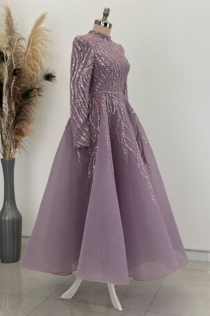 Robe de soirée Venus mi-longue brodée et bouffante - Lilas - 4