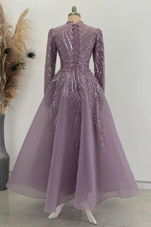 Robe de soirée Venus mi-longue brodée et bouffante - Lilas - 2