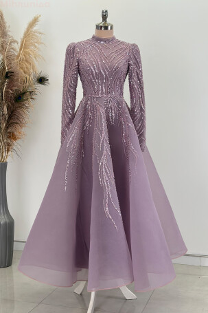 Robe de soirée Venus mi-longue brodée et bouffante - Lilas - 1