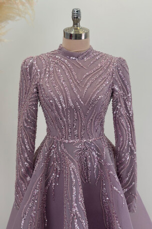 Robe de soirée Venus mi-longue brodée et bouffante - Lilas - 3