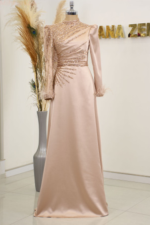 Satin Bianca Evening Dress with Feather Detail Draped and Embroidered Sleeves - Rose - 1