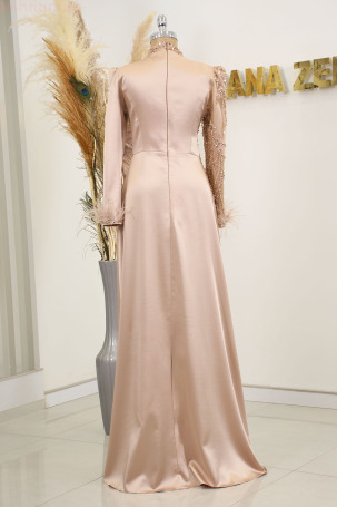 Satin Bianca Evening Dress with Feather Detail Draped and Embroidered Sleeves - Rose - 2