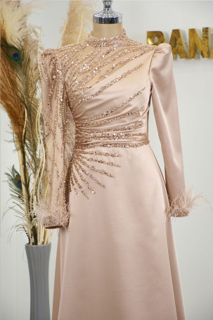 Satin Bianca Evening Dress with Feather Detail Draped and Embroidered Sleeves - Rose - 3