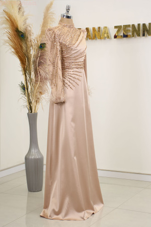 Satin Bianca Evening Dress with Feather Detail Draped and Embroidered Sleeves - Rose - 4