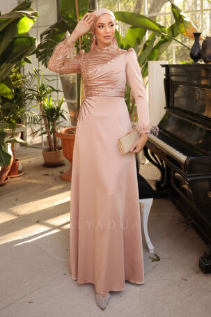 Satin Bianca Evening Dress with Feather Detail Draped and Embroidered Sleeves - Rose 