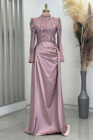 Satin Evening Dress with Tail and Detailed Sleeves, Feathered - Powder Pink - 1