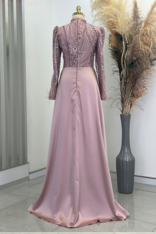 Satin Evening Dress with Tail and Detailed Sleeves, Feathered - Powder Pink - 2