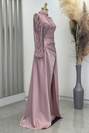 Satin Evening Dress with Tail and Detailed Sleeves, Feathered - Powder Pink - 4