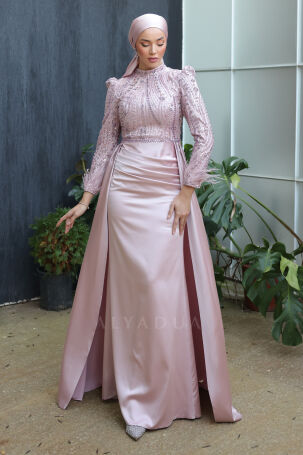 Satin Evening Dress with Tail and Detailed Sleeves, Feathered - Powder Pink - Rana Zenn