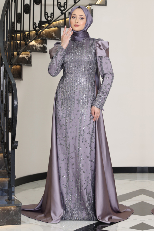 Satin Magnolia Evening Dress with Sleeve Drape Detail and Stone Embellishment - Lilac - 1