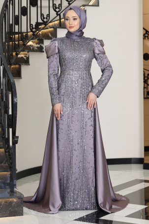 Satin Magnolia Evening Dress with Sleeve Drape Detail and Stone Embellishment - Lilac - 4