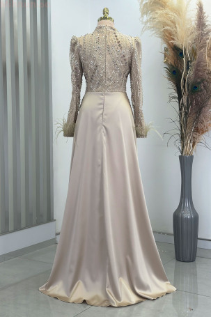 Satin Sherry Evening Dress with Detailed Sleeves, Feathers, and Tail - Gold - 2