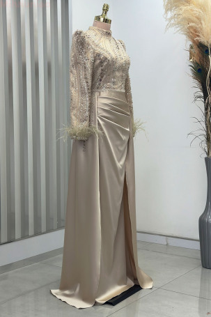 Satin Sherry Evening Dress with Detailed Sleeves, Feathers, and Tail - Gold - 4