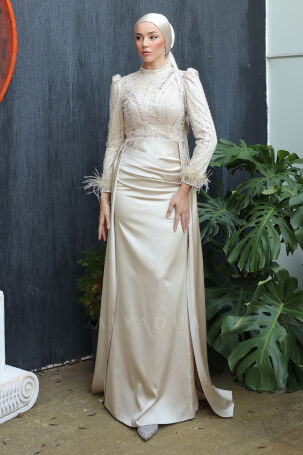 Satin Sherry Evening Dress with Detailed Sleeves, Feathers, and Tail - Gold - Rana Zenn