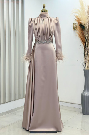 Satin Vera Evening Dress with Embroidered Waist and Feather Detail on Sleeve Cuff - Taupe - Rana Zenn