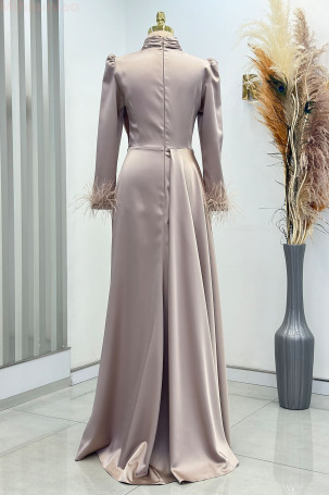 Satin Vera Evening Dress with Embroidered Waist and Feather Detail on Sleeve Cuff - Taupe - 2