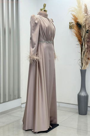 Satin Vera Evening Dress with Embroidered Waist and Feather Detail on Sleeve Cuff - Taupe - 4