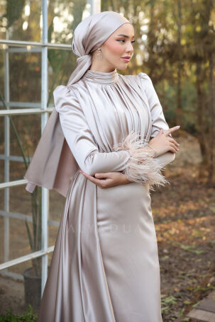 Satin Vera Evening Dress with Embroidered Waist and Feather Detail on Sleeve Cuff - Taupe - 3