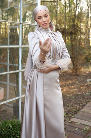 Satin Vera Evening Dress with Embroidered Waist and Feather Detail on Sleeve Cuff - Taupe - 5