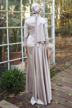 Satin Vera Evening Dress with Embroidered Waist and Feather Detail on Sleeve Cuff - Taupe - 2