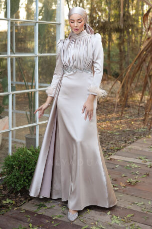 Satin Vera Evening Dress with Embroidered Waist and Feather Detail on Sleeve Cuff - Taupe - 6