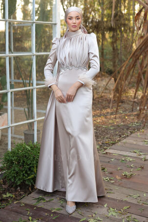 Satin Vera Evening Dress with Embroidered Waist and Feather Detail on Sleeve Cuff - Taupe - 1