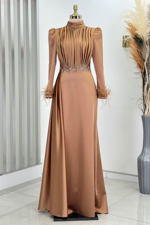 Satin Vera Evening Dress with Embroidered Waist and Feather Detail on Sleeve End - Copper - Rana Zenn