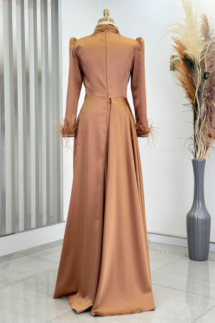 Satin Vera Evening Dress with Embroidered Waist and Feather Detail on Sleeve End - Copper - 2