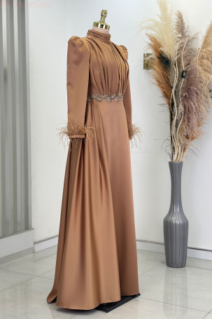 Satin Vera Evening Dress with Embroidered Waist and Feather Detail on Sleeve End - Copper - 4