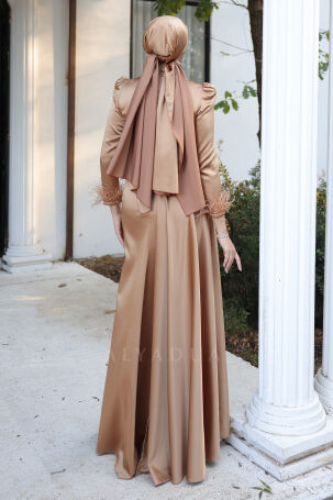 Satin Vera Evening Dress with Embroidered Waist and Feather Detail on Sleeve End - Copper - 2