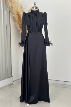 Satin Vera Evening Dress with Embroidered Waist and Feather Details on Sleeve Cuffs - Black - 1