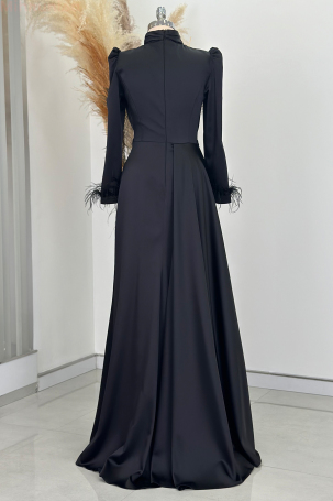 Satin Vera Evening Dress with Embroidered Waist and Feather Details on Sleeve Cuffs - Black - 2