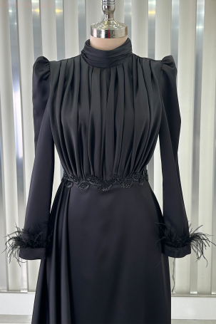 Satin Vera Evening Dress with Embroidered Waist and Feather Details on Sleeve Cuffs - Black - 3