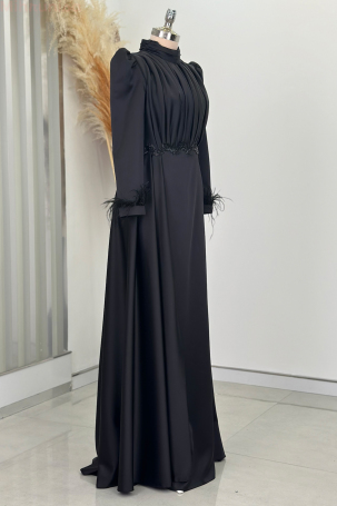 Satin Vera Evening Dress with Embroidered Waist and Feather Details on Sleeve Cuffs - Black - 4