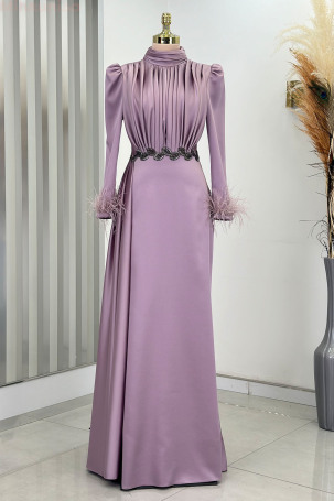 Satin Vera Evening Dress with Feather-Detail Cuffs and Embroidered Waist - Lilac 