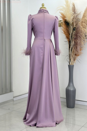 Satin Vera Evening Dress with Feather-Detail Cuffs and Embroidered Waist - Lilac - 2