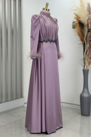 Satin Vera Evening Dress with Feather-Detail Cuffs and Embroidered Waist - Lilac - 4