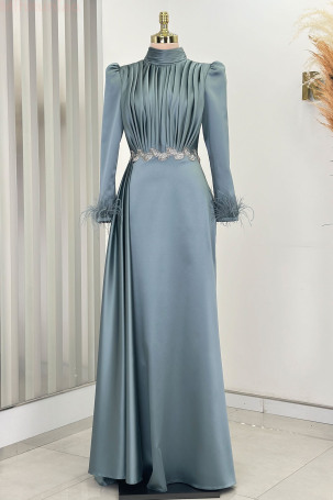 Satin Vera Evening Dress with Feather Detail on Sleeve Cuffs and Embroidered Waist - Mint - Rana Zenn