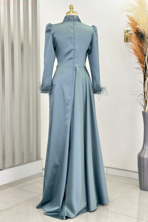 Satin Vera Evening Dress with Feather Detail on Sleeve Cuffs and Embroidered Waist - Mint - 2