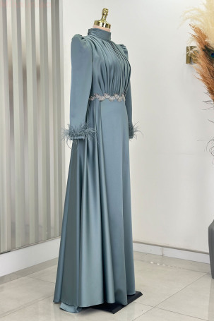 Satin Vera Evening Dress with Feather Detail on Sleeve Cuffs and Embroidered Waist - Mint - 4