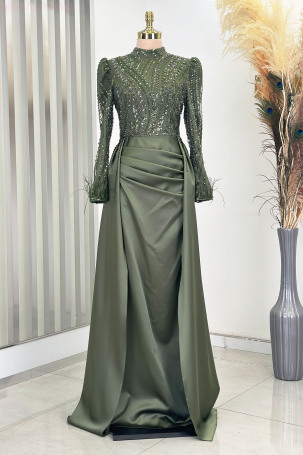 Sherry Satin Evening Dress with Tail and Detailed Feathered Sleeves - Khaki - 1