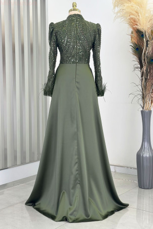 Sherry Satin Evening Dress with Tail and Detailed Feathered Sleeves - Khaki - 2