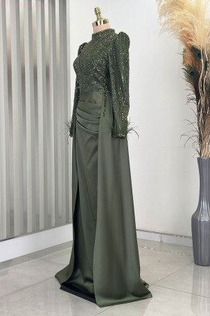 Sherry Satin Evening Dress with Tail and Detailed Feathered Sleeves - Khaki - 4