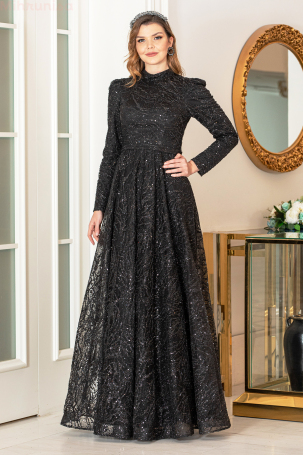 Simli Taşlı Nilda Evening Dress - Black - Ahunisa